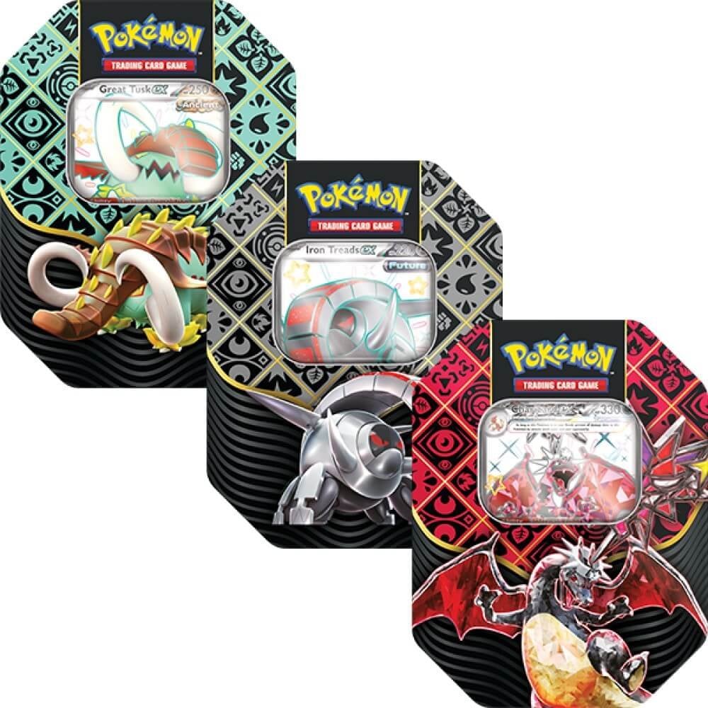 Pokemon TCG: Complete Set of 3 Paldean Fates Tins – Charizard ex, Iron Treads ex &amp; Great Tusk ex